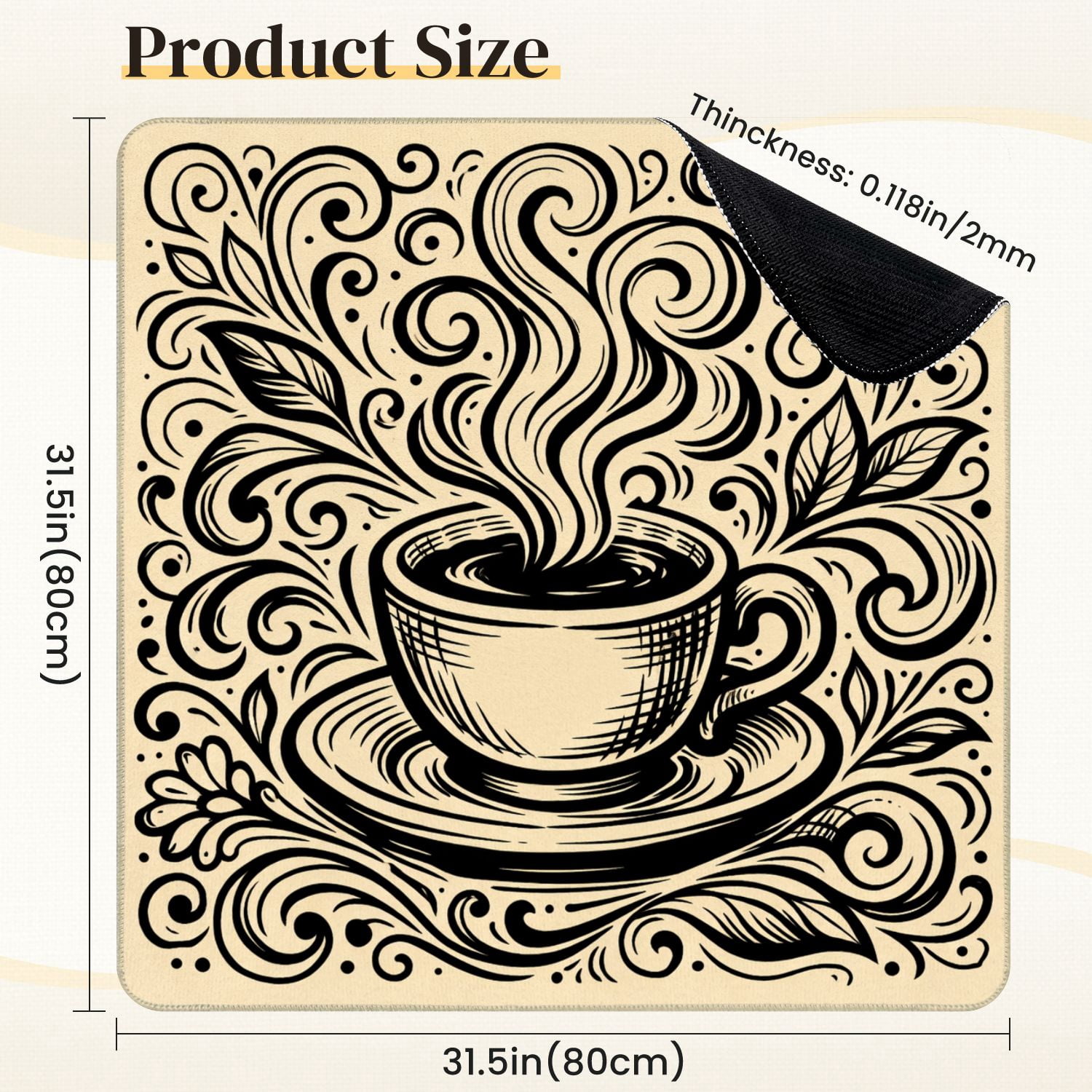 Mahjong Mat 31.5" x 31.5" Vintage Coffee Cup Steaming Swirls Floral Non-Slip Noise Reduction Mahjong Tiles Table Cover for Dominoes Poker Card Board and Tile Games