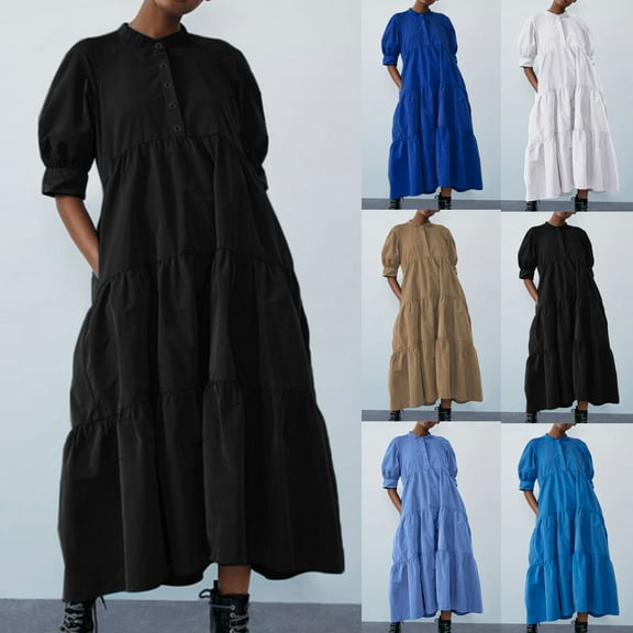 ZZwxWA Women's Summer Puff Sleeve Maxi Tiered Dress Casual A-Line Swing Long Shirt Dress Solid Color Womens Loose Casual Sundress