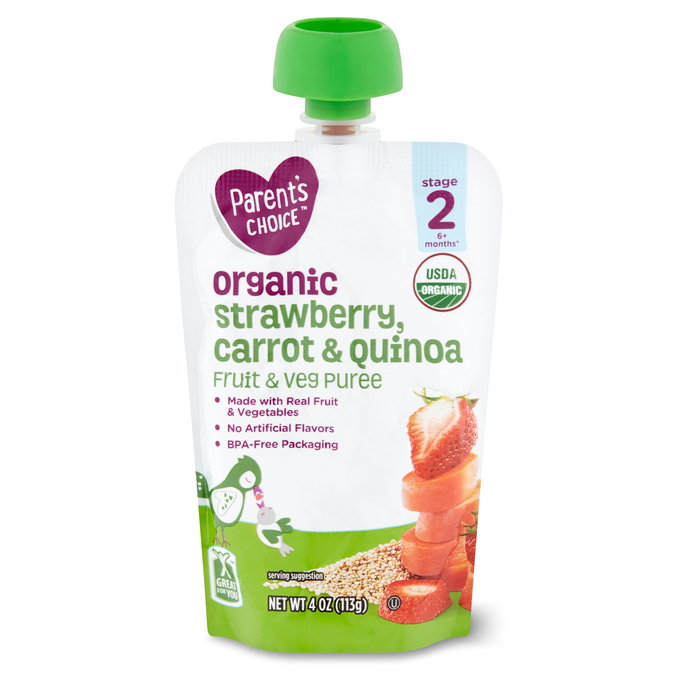 (6 pack) Parent's Choice Organic Strawberry, Carrot & Quinoa Fruit & Veg Puree, Stage 2, 4 oz