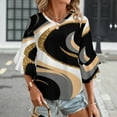 thumbnail image 3 of Gold Glitter Marble Swirls Design Women's V-Neck Blouse With 3/4 Ruffled Bell Sleeves Casual Top Ladies Blouses, 3 of 7