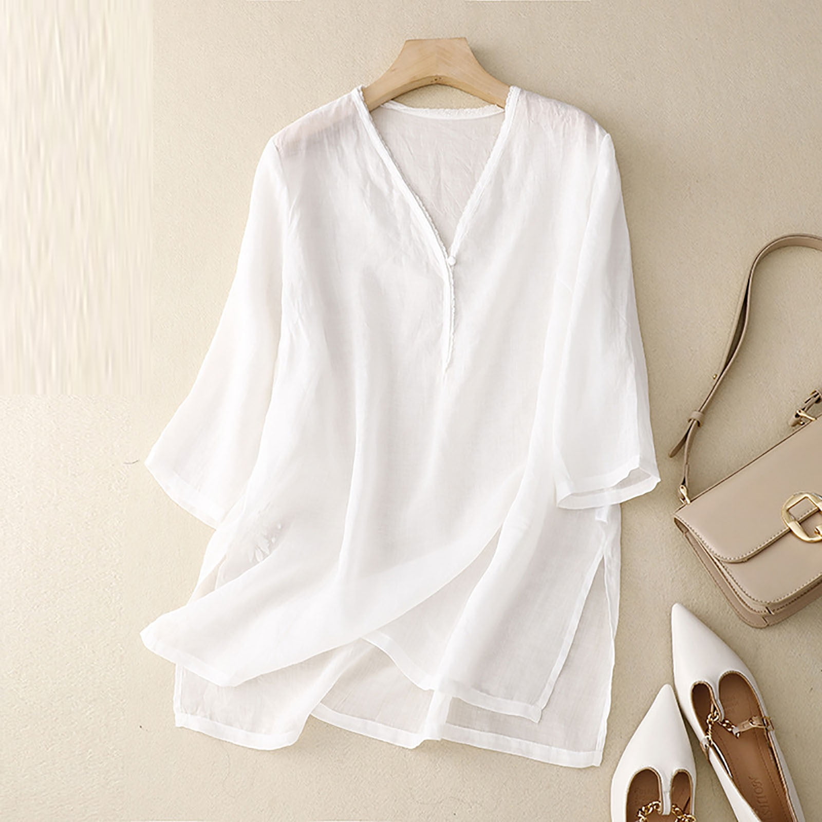 Dazajoo 3/4 Sleeve Solid Color Shirts for Women Cotton Linen