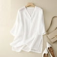 thumbnail image 2 of ShomPort Cotton Linen Blouses for Women V Neck 3/4 Sleeve Fall Tops Solid Loose Basic Shirts, 2 of 7