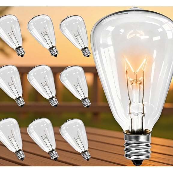 10 Pack ST38 Edison Incandescent Replacement Bulbs, 7W 2200K Warm White, E12 Candelabra Base, Clear Glass, Outdoor String Lights