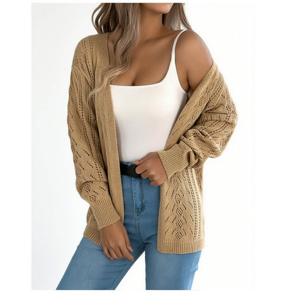 XUNKUSGA Cardigan Sweaters for Women Fashion Open Front Hollow Out Cozy Cardigan Solid Color Oversized Mid-Length Womens Cardigan Lightweight Long Sleeve Knitted Sweater S-XL Brown