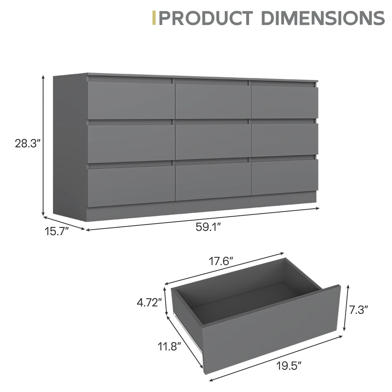 Hommoo Gray 9 Drawer Dresser, Wood Modern Storage Cabinet Dresser Organizer, Chest of Drawers for Living Room, Closet, Hallway, Nursery