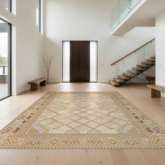 Design&I 8'x10' Washable Area Rug Entryway Look Ru Interlocking Boho Border Door Front Doormat for Dining Room, Large Office, Lounge, Snag-Free