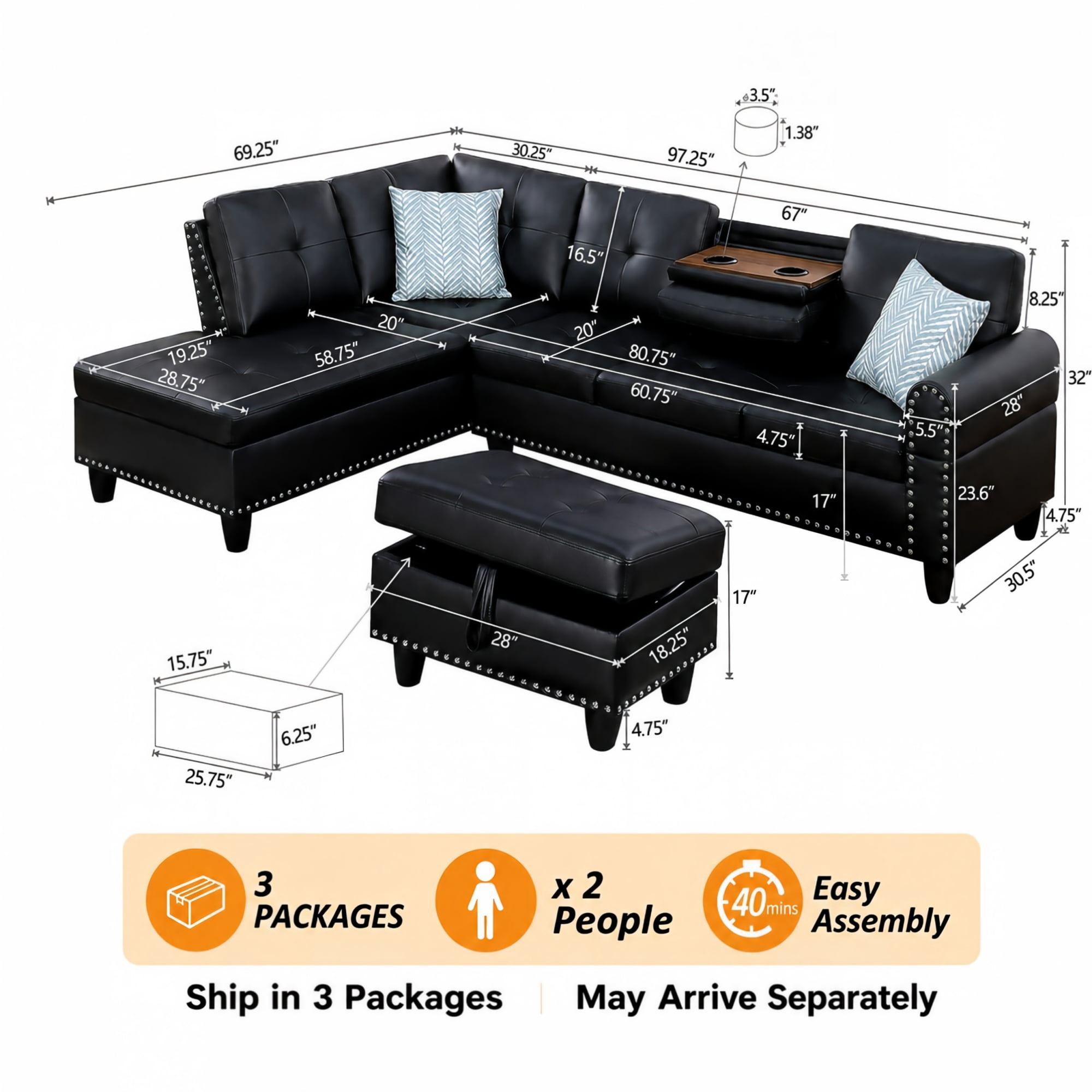 BSHTI 3-Seat Contemporary Faux Leather L-Shaped Sectional Sofa with Reversible Storage Chaise, Storage Ottoman, Cup Holders for Living Room（Ginger）