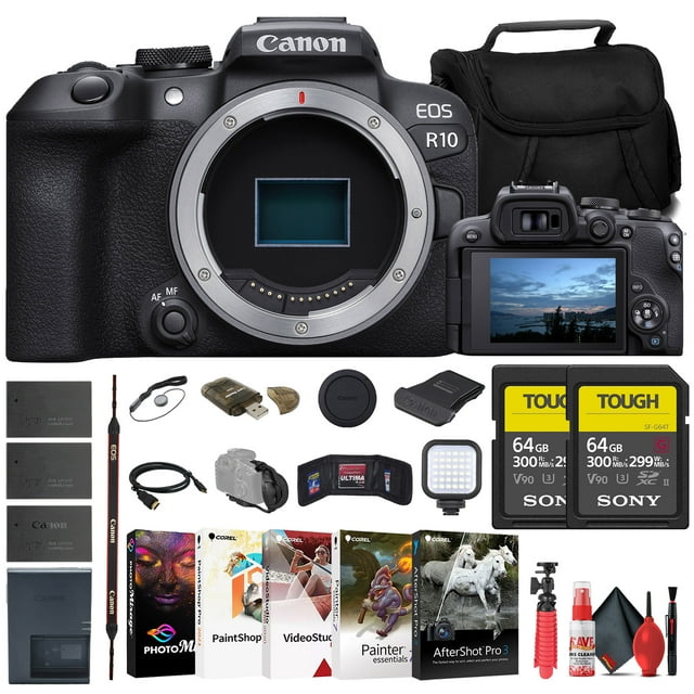 Canon EOS R10 Mirrorless Camera 5331C002 2 x Sony 64GB TOUGH SD Card Bag Charger 2 x LPE17 Battery Card Reader LED Light Corel Photo Software HDMI Cable Flex Tripod International Model