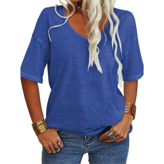 Half Sleeve Women V Neck Shirt Summer Female Solid Color Loose Tops