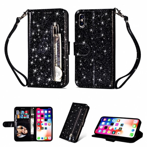 Allytech iPhone X Case, Premium PU Leather Glitter Protective Zipper Cards Slots Wallet Case Cover with Hand Strap Shockproof Stand Cover for Apple iPhone X 5.8" 2017 Released, Black