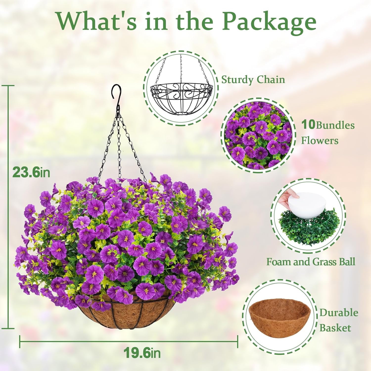 Lyacmy Purple Artificial Hanging Flowers in Basket for Indoor Outdoor, 10Pcs Fake Boxwood Petunias with Eucalyptus Leaves with 20Inch Coconut Lining Chain Flowerpot