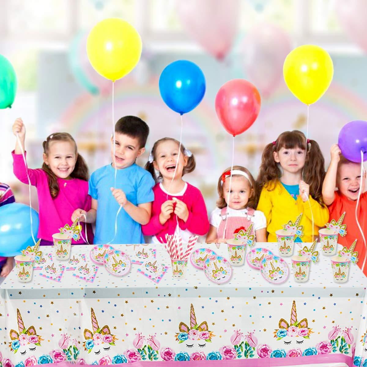 Unicorn Themed Party Supplies Set,Unicorn Cake Plates,Cups,Napkins,Tablecloth,Straws/&Decoration,Paper Disposable Tableware Set for Girls Children Birthday Party or First Baby Shower Serves 16 Guests