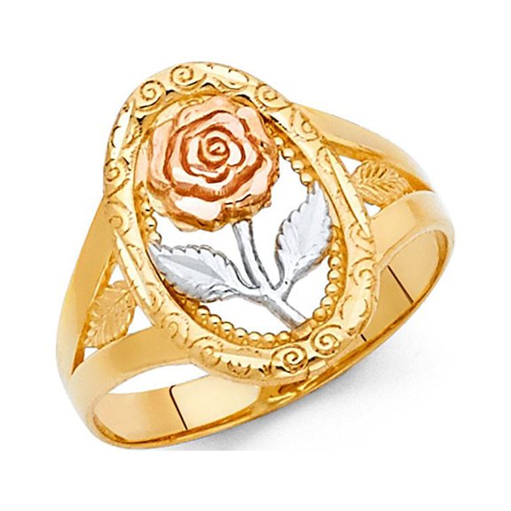 14k Tri Color Italian Solid Gold Oval Rose Beaded Style Ring 16mm