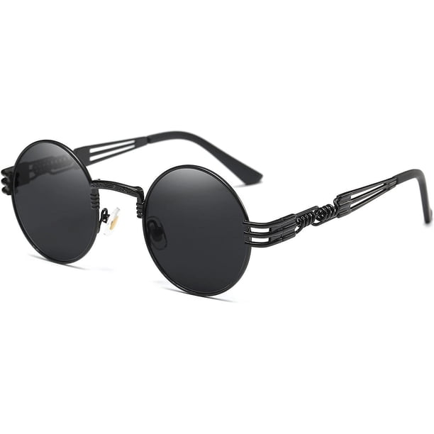 Gafas de sol YONGSHENG Steampunk Estilo retro clásico redondas metal Lente negra marco negro