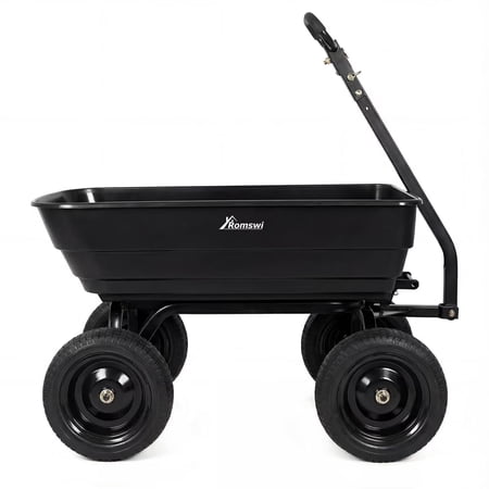 ROMSWI Garden Dump Cart 600 lbs 4 cu ft Heavy Duty Poly Bed 36.5'' x 20'' Dump Wagon No Flat 10'' Tires All Terrain Wheel Quick Release Dumping