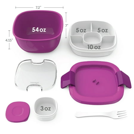 Bentgo® Salad - Stackable Lunch Container with Large 54-oz Salad Bowl, 4-Compartment Bento-Style Tray for Toppings, 3-oz Sauce Container for Dressings, Built-In Reusable Fork & BPA-Free (Blue)