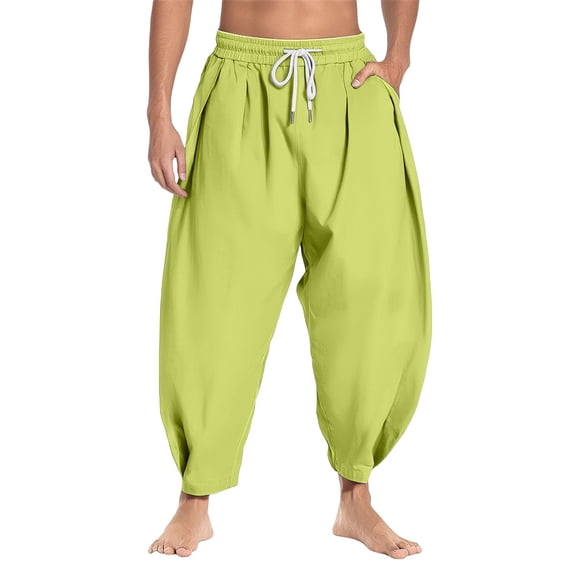 XIAOCHA Men's Lime Green Harem Pants High-Waist Drawstring Waist Trousers Casual Loungewear & Beach Bottoms