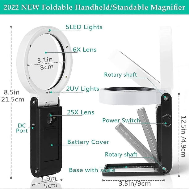 25X 6X Lighted Reading Magnifier Magnifying Glass with 6 LED 2UV Light Handheld Magnifier Desk Stand