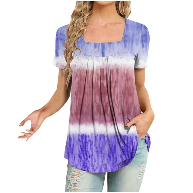 ameIAEA Square Neck Tops for Women Short Sleeve Summer Tunic Tops Color Block Ruffle Blouse