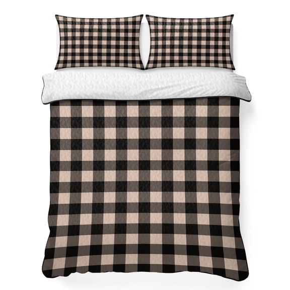 Twin XL Quilt Set 68''x98'', Black Plaid Lightweight Bedspread Coverlet Set with 2 Pillow Shams, Vintage Country Gray Buffalo Check Gingham Breathable All Season Quilt Bedding for Dorm/Guest Room