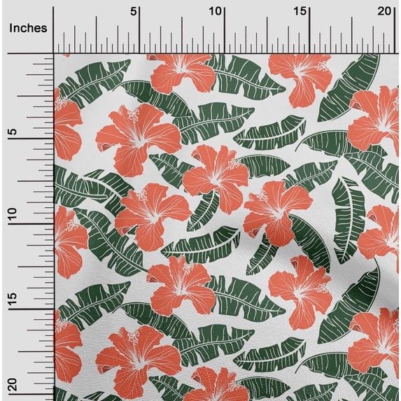 oneOone Cotton Flex White Fabric Leaves & Flower Sewing Craft Projects Fabric Prints By Yard 40 Inch Wide