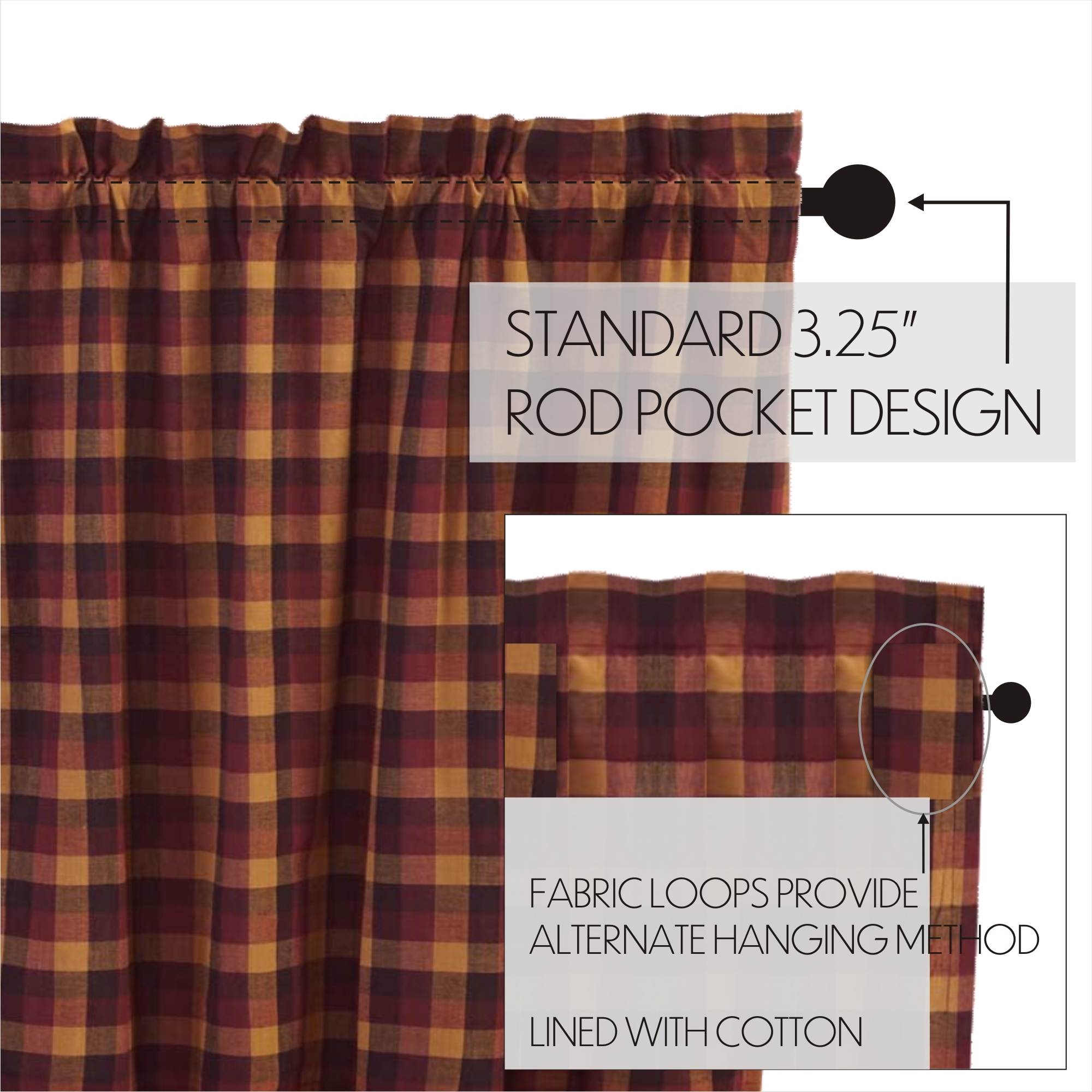 VHC Brands Tendine Rustiche A Quadri Prateria Con Lacci - Rosso Borgogna, 213x91 Cm, 2 Pannelli