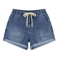 thumbnail image 6 of Tsesme Elastic Waist Jean Shorts for Women Fashion Casual High Waist Denim Shorts Pants with Pockets Roll up Hem Loose Casual Shorts ,Dark Blue,L, 6 of 7