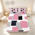 thumbnail image 4 of Manfei Modern Geometric Block Bed Sheets, Abstract Square Art Fuul Size Sheets, Pink Black Gray, Black Reversible 4 Pieces1 Flat Sheet + 1 Fitted Sheet + 2 Pillowcases, 4 of 6
