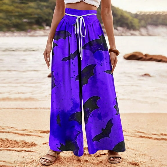 WXLWZYWL Halloween Pants for Women Women's Comfy Stretch Pants Casual Palazzo Sweatpants Bat Print Drawstring Wide Leg Pant Lounge Elastic Waist Sweatpant