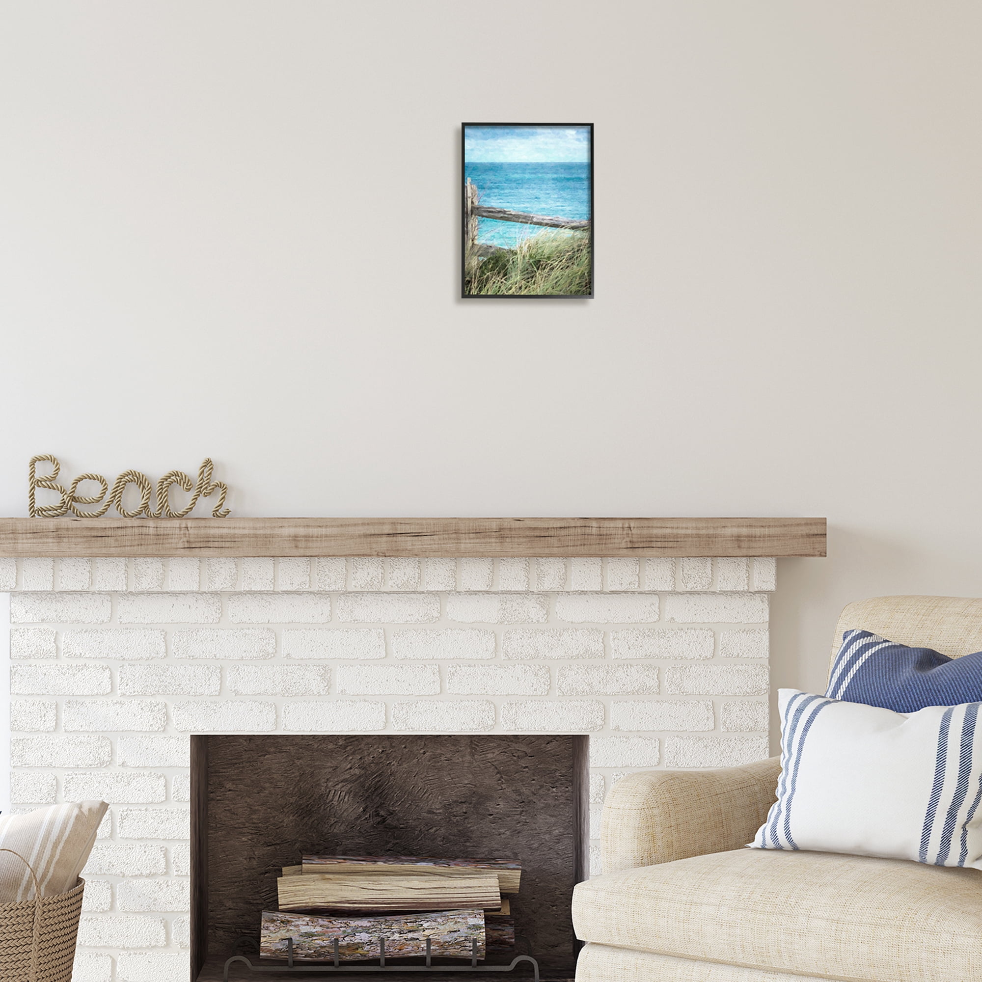 Stupell Industries Waterfront Beach Fence Nature Photography Black Framed Art Print Wall Art, 11 x 14