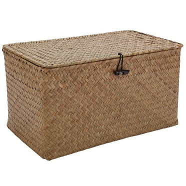 Handmade Straw Woven Storage Basket with Lid Makeup Organizer Storage Box Seagrass Laundry Baskets Rattan Jewelry Box（M）