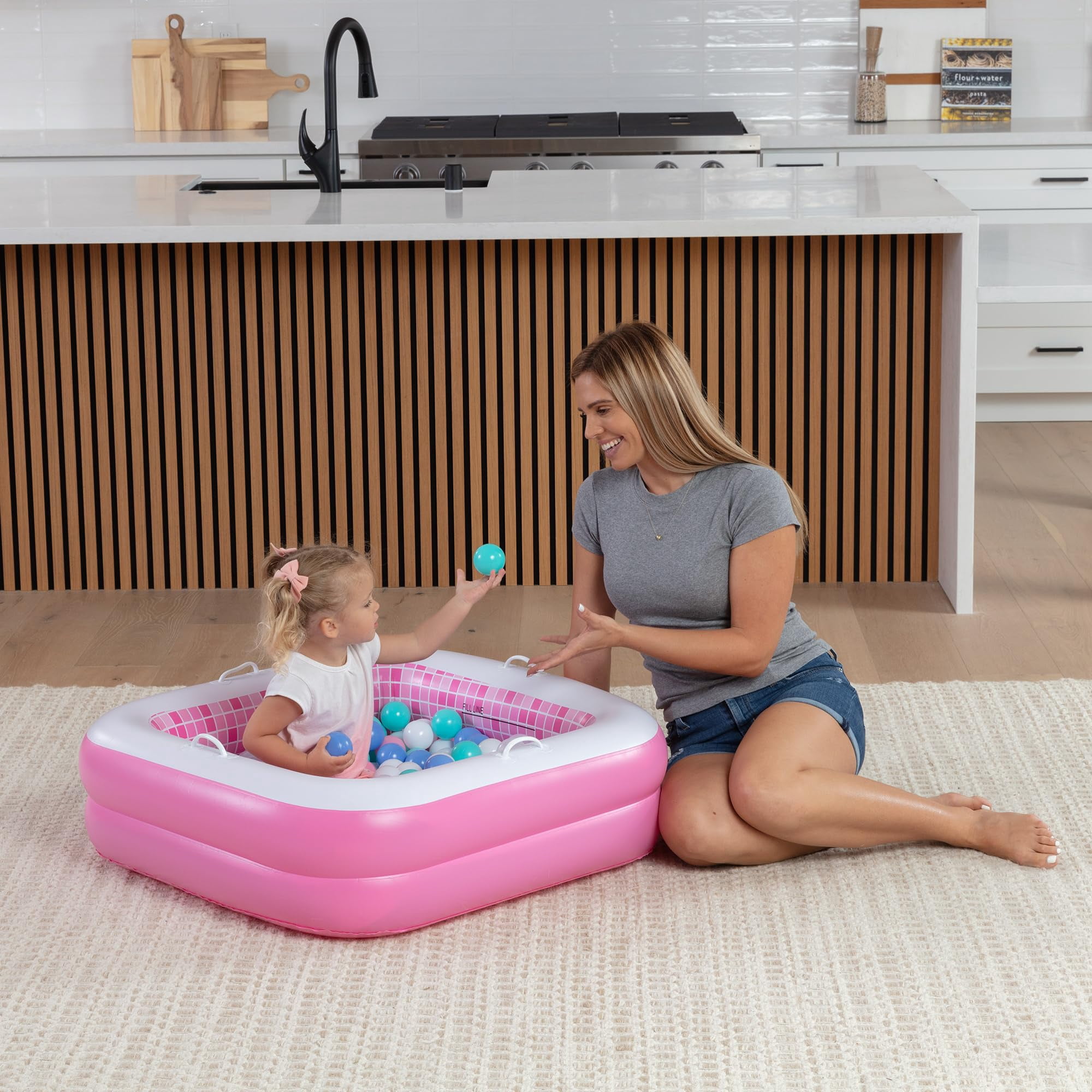 Inflatable Baby Pool Bathtub & Ball Pit for Toddlers, 34" Playful Pink Blow up Pool For Kids