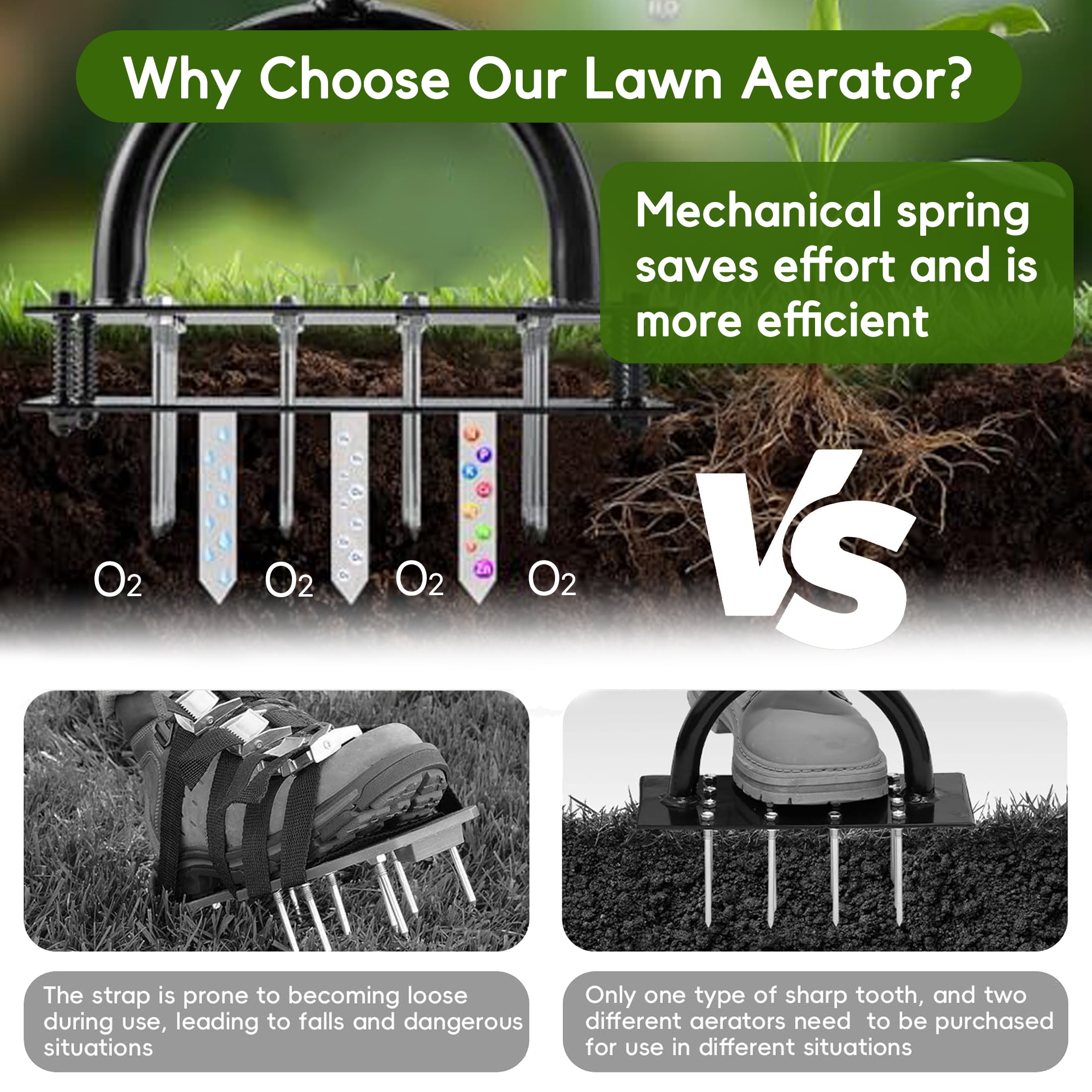Hyindoor Lawn Aerator Tool, Manual Metal Tool Set with 16 Solid Steel Spikes, Automatic Leaf and Dirt Cleaning with Spring Base Design, Garden Tool for Yard Care（with Gloves）
