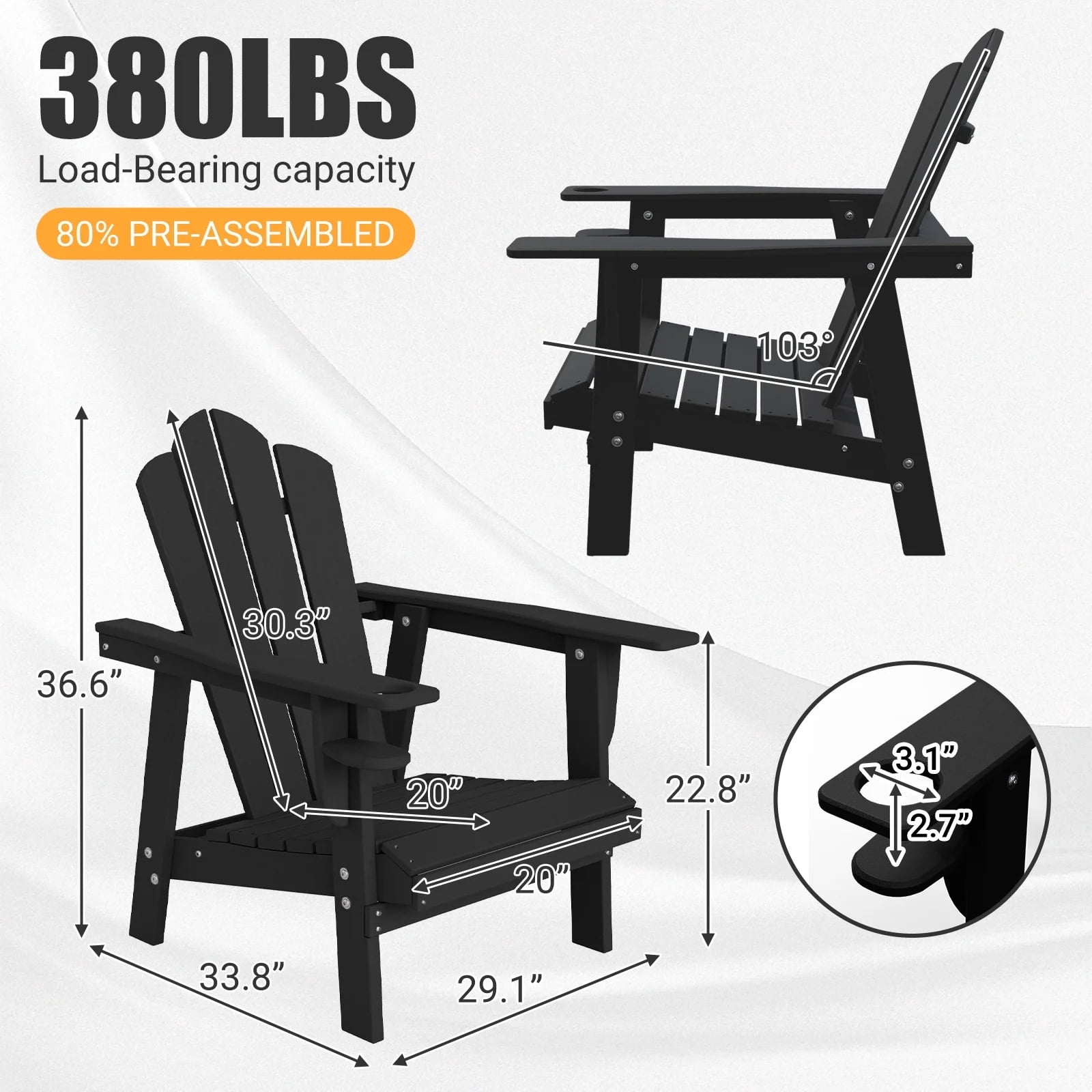 Tappio HDPE Adirondack Chair, Patio Seat All Weather Outdoor Patio Chair with Cup Holder for Lawn Yard Fire Pit, Black