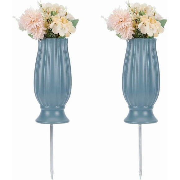 2 Sets Cemetery Vases with Spikes and Drainage Holes Steel Blue Color Plastic Cemetery Vase 9.8inch High Cemetery Cone Flower Holder for Headstones Memorial Loss of Loved One