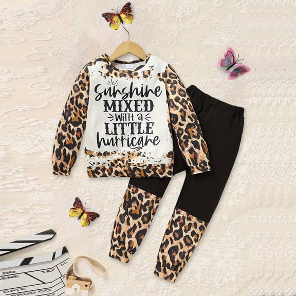 ZEHJUHAN Kids' Fashion Comfort Long Sleeve Top & Pants Set - Letter & Leopard Print Casual Outfit for Boys & Girl Brown,4Y