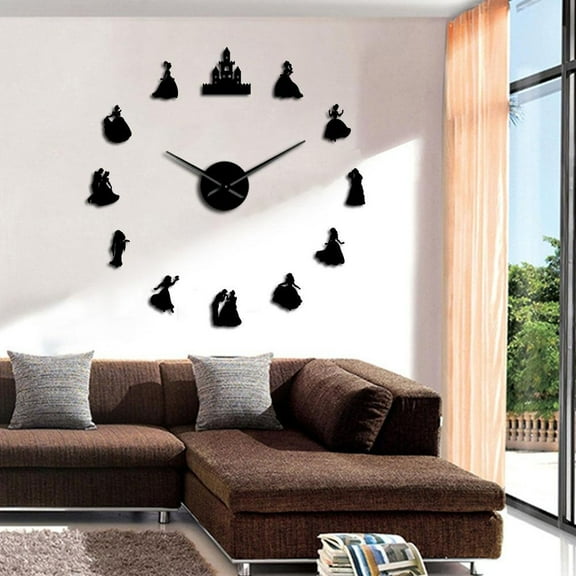Prince & Princess Silhouettes Decorative Large DIY Wall Clocks Girls Bedroom Wall Art Frameless Big Time Wall Watch Gift For Her(Black,27inch)