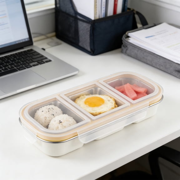 Yhmxh Stainless Steel Snack Containers, Double-layer Bento Box with 3 Compartment for Adults, Reusable Food Storage Containers with Lids, Leak Proof Metal Bento Lunch Boxes for Office