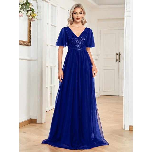 Robe de Mariage Robes d'Invité de Mariage pour Femmes Voile Robe de Demoiselle d'Honneur Double Col en V Longue Jupe Manches Évasées Robe Ligne A Robe de Soirée pour Femmes