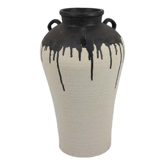 Benjara Caleb Accent Vase with Drip Pattern and Handles- Black Gray Ceramic