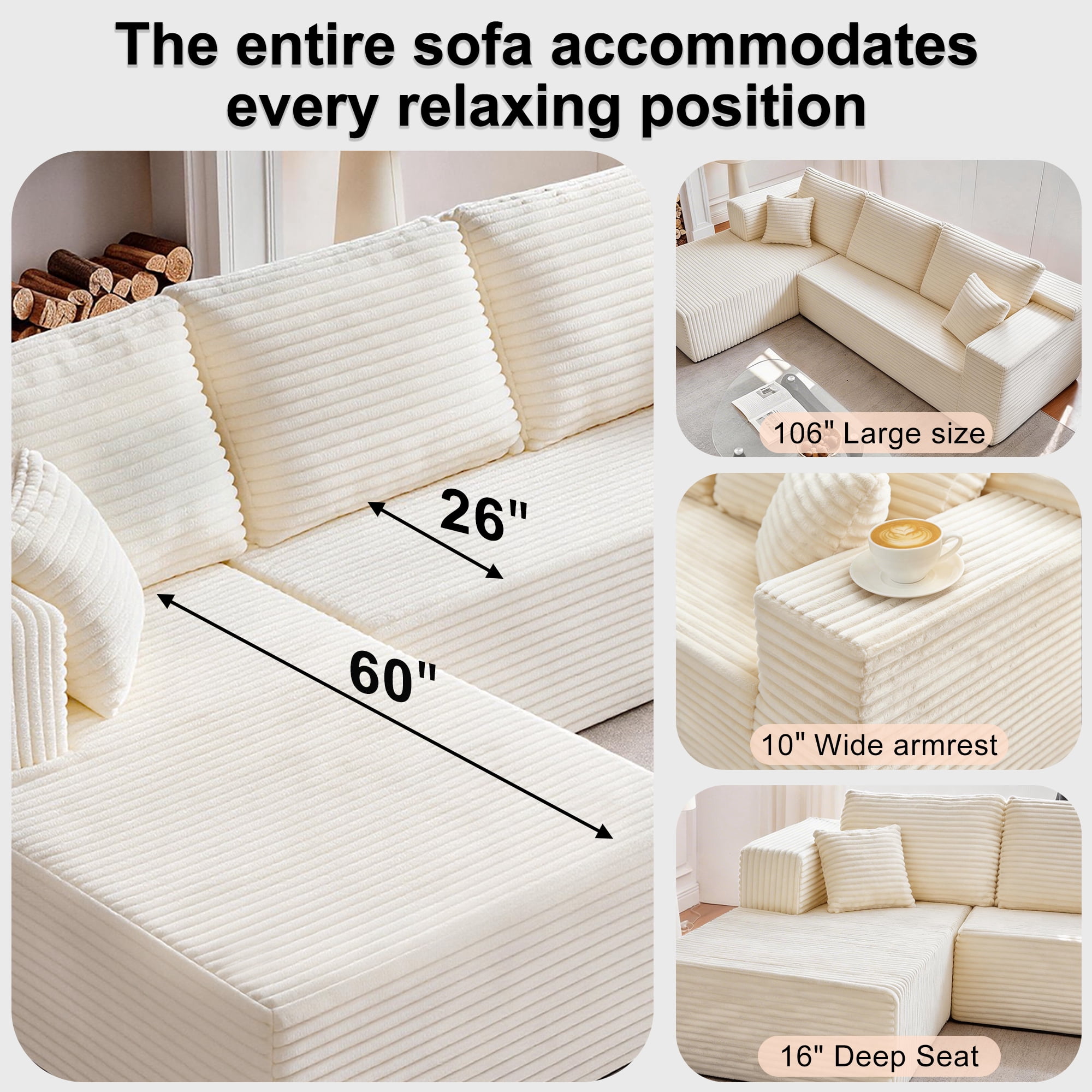 Actoroom 106" Modular Sectional Couch, L-Shape Boneless Cloud Couch, 4 in 1 Convertible Upholstered Sofa for Living Room Small Space, White