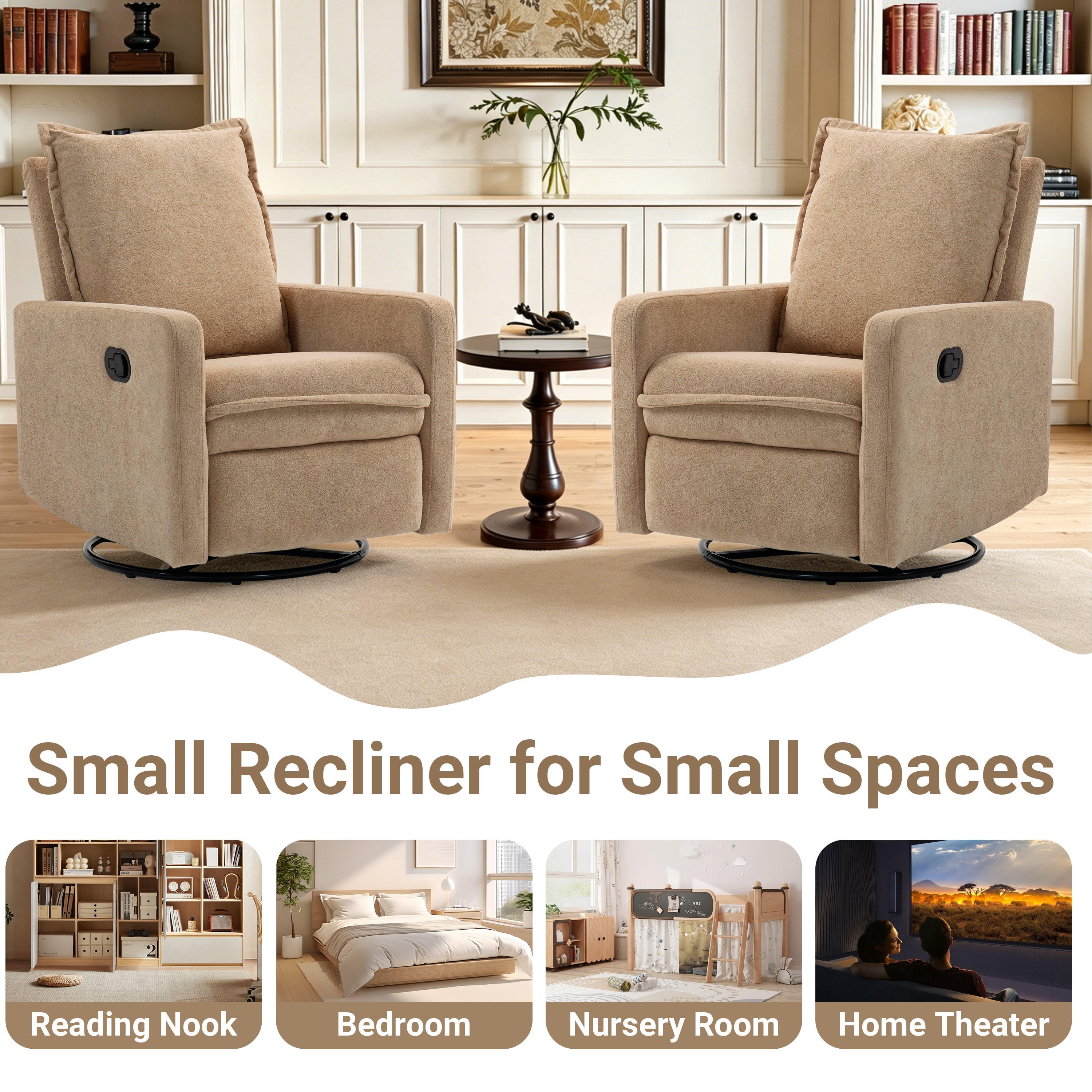 Paproos Swivel Rocker Recliner, Velvet 360°Swivel Rocking Recliner, Glider Rocking Chair for Nursery, Small Rocker Chair for Small Space, Manual Recliner for Adults for Home Theater, Camel