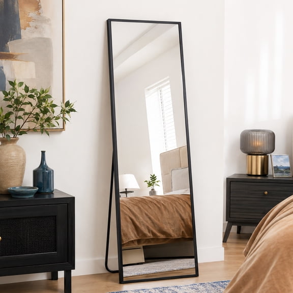 Antok Full Length Floor Mirror 58"x20" Rectangle Floor Standing Tall Mirror with Aluminum Frame, Leaning, Wall Mounted or Freestanding, Black