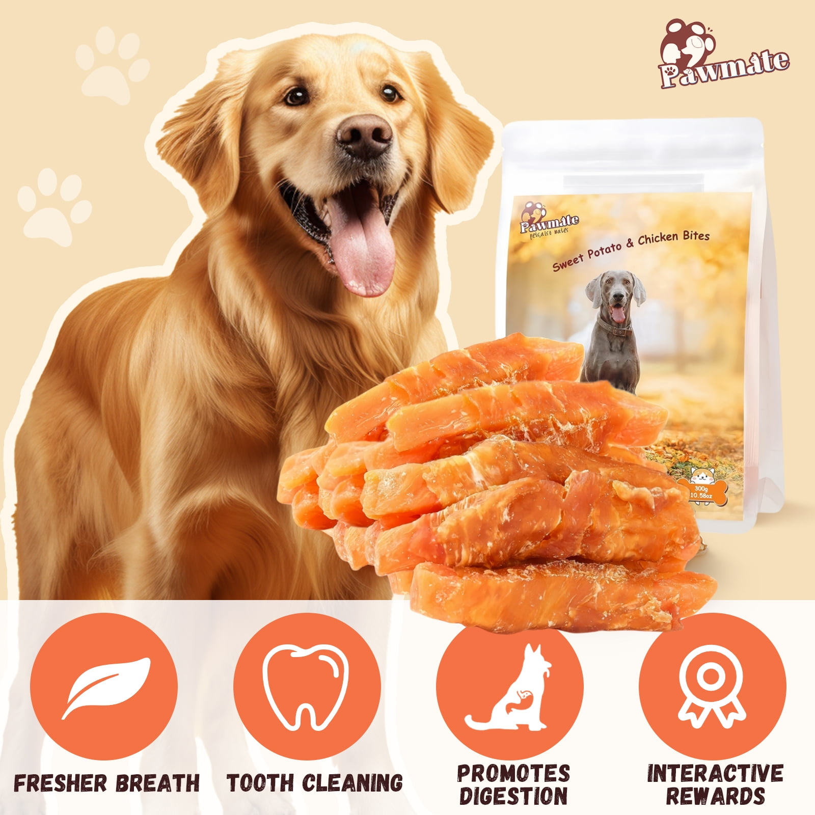 Pawmate Sweet Potato Dog Treats, Chicken Jerky & Sweet Potato Natural Chews for All Dogs, 15 ct Packet