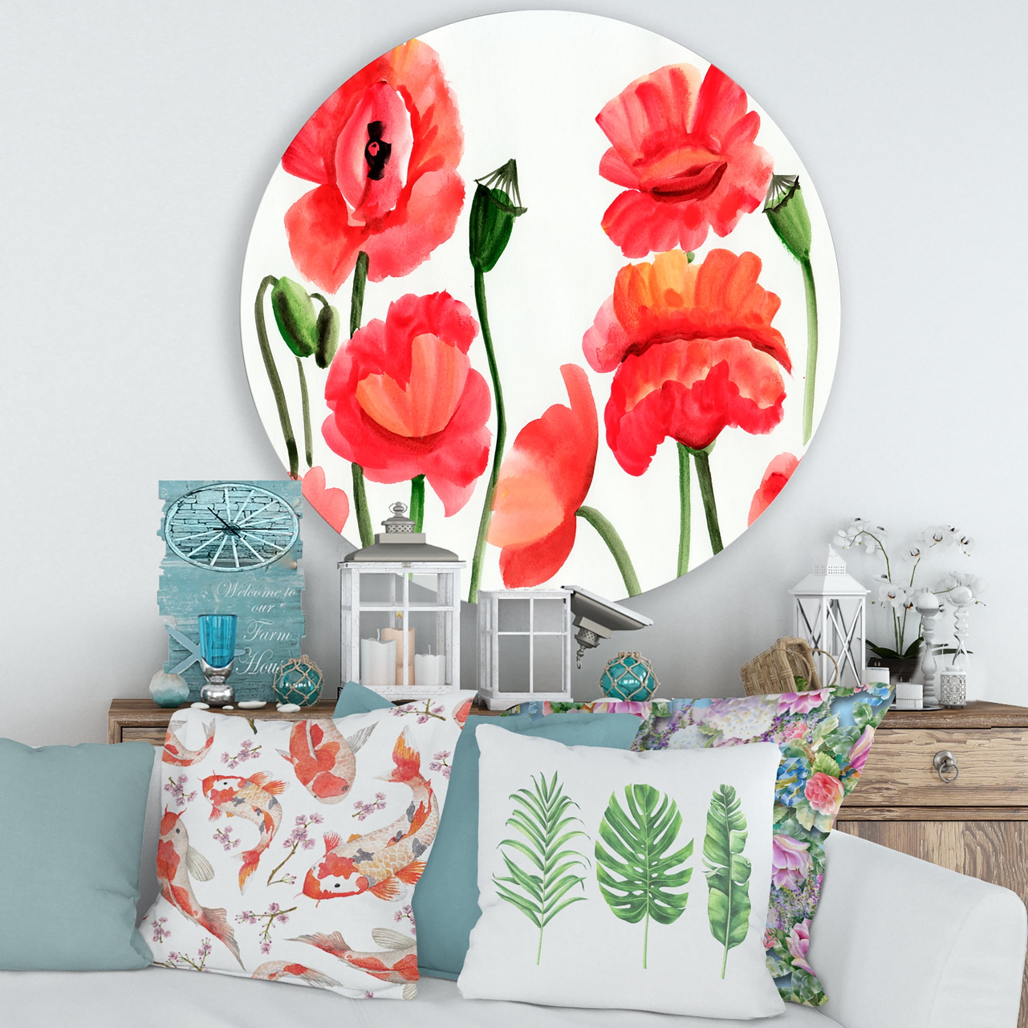 Designart 'Ancient Red Poppies I' Traditional Circle Metal Wall Art 29x29 - Disc of 29