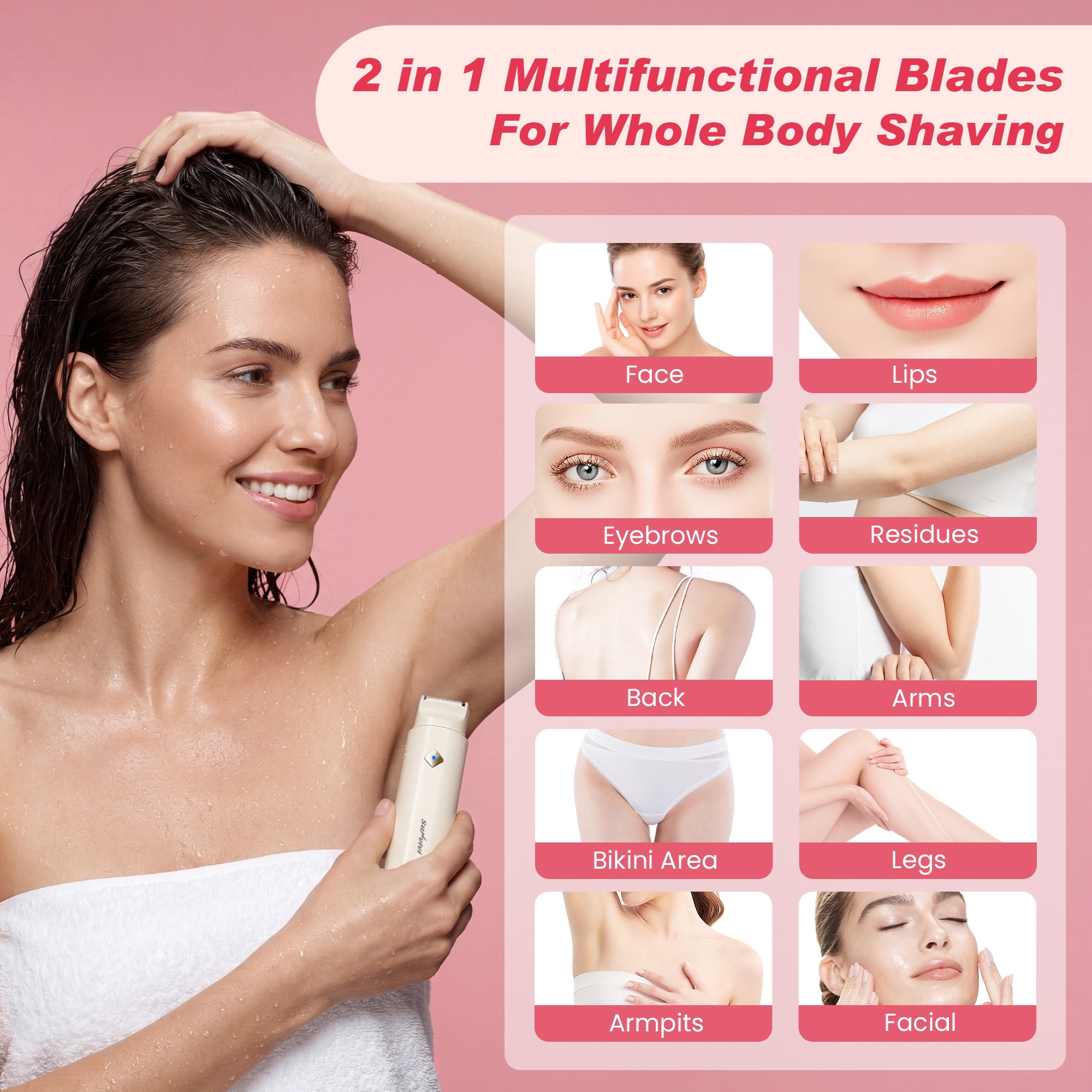 Sunvivi Versatile 2-in-1 Electric Bikini Trimmer for Women: Waterproof Pubic Razor for Face Body Bikini Underarm Leg Arm, White