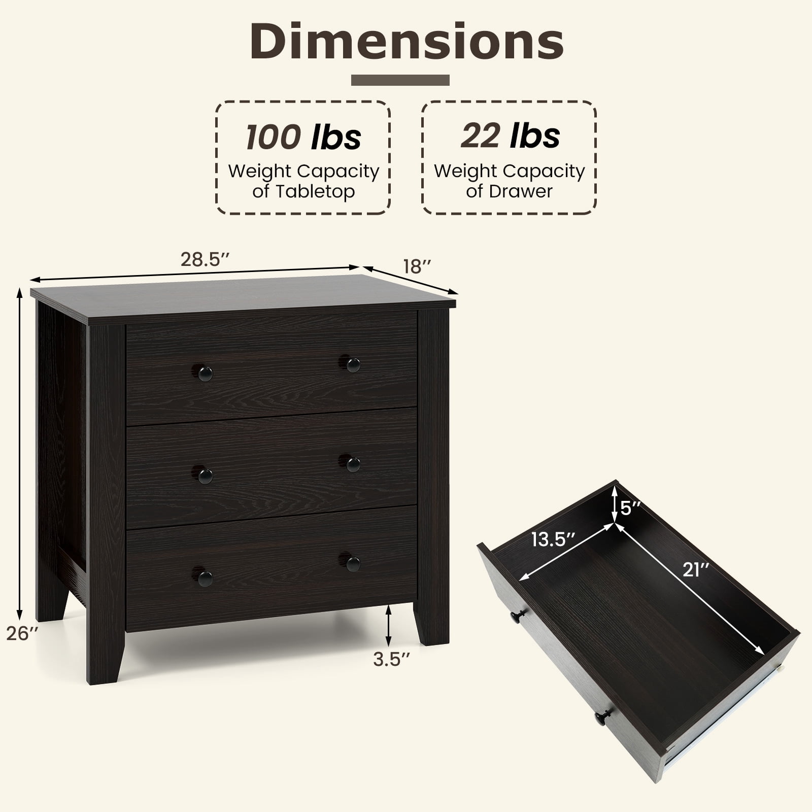 Gymax 3 Drawer Dresser Chest of Drawers Bedside Table for Living Room Bedroom Espresso