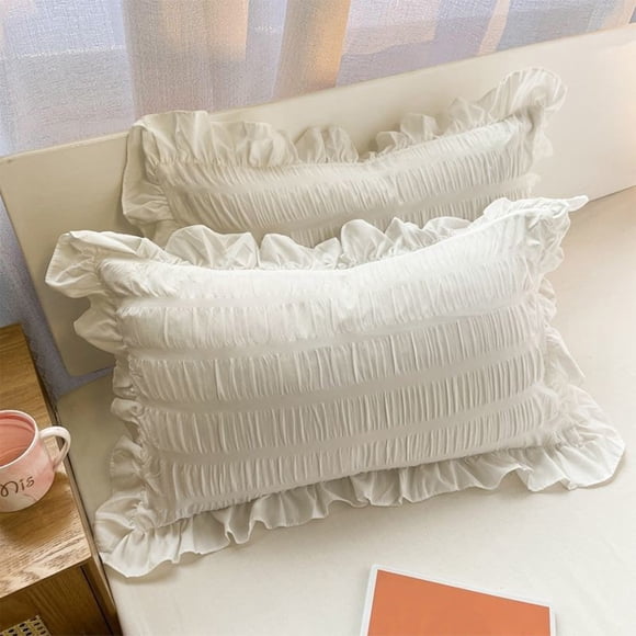 YYV Ruffled Standard Pillow Shams Set Of 2 White Striped Decorative Pillowcase Soft Washed Cotton Standard Size Bed Shams Elegant Home Bedding Set