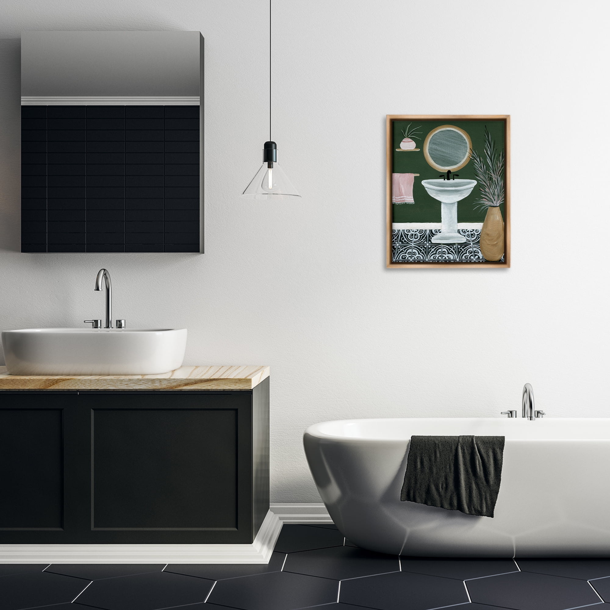 Stupell Industries Chic Green Bathroom Typography Painting Brown Floater Framed Canvas Art Print Wall Art, 17 x 21
