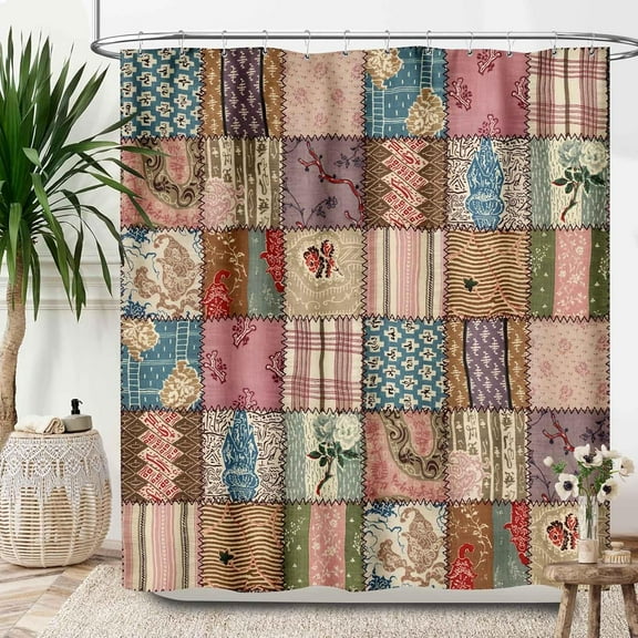 Patchwork Shower Curtains,Vintage Patchwork Flower Country Colorful Wildflowers Splicing Pattern Bohemian Waterproof Fabric Shower Curtain Set with Hooks-60"W x 72"L (Pack of 1)